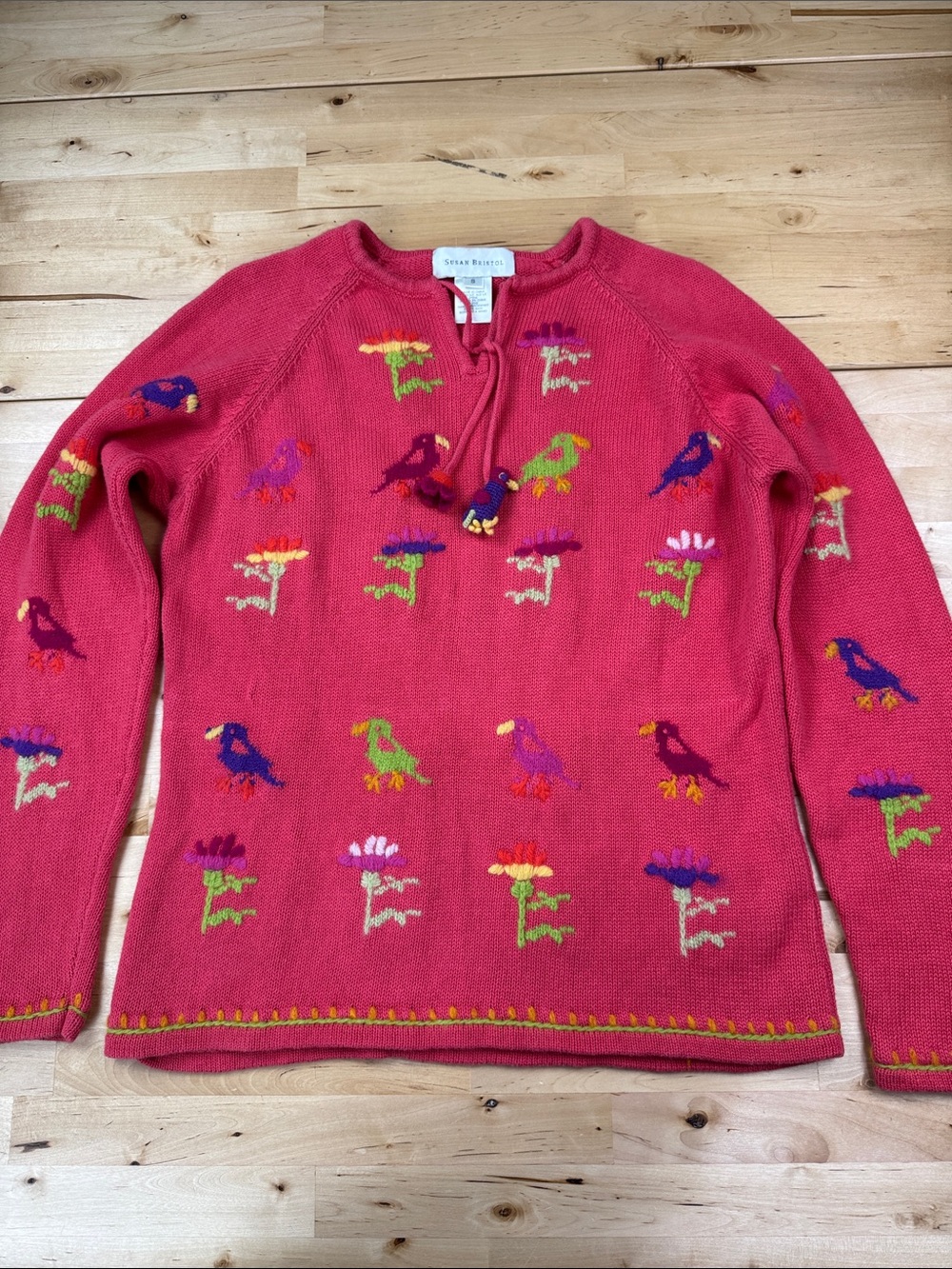 Susan Bristol 2002 Parrot Flower Small Coral Knit Sweater Tassels Colorful